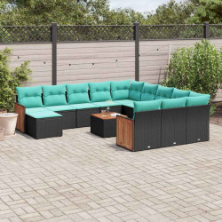 Conjunto de sofá de jardim com 13 peças e almofadas em rattan sintético preto