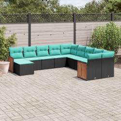 Conjunto de sofá de jardim com 11 peças e almofadas em rattan sintético preto