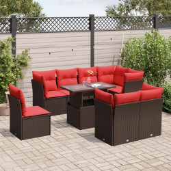 Conjunto de sofá de jardim com 9 peças e almofadas em rattan sintético marrom