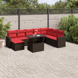 Conjunto de sofá de jardim com 9 peças e almofadas em rattan sintético marrom