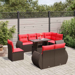 Conjunto de sofá de jardim com 9 peças e almofadas em rattan sintético marrom