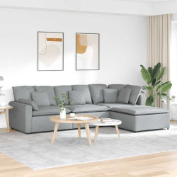 Sofá modular com apoio para os pés e almofadas, tecido cinza claro