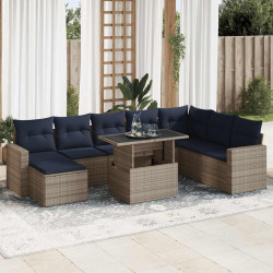 Conjunto de sofá de jardim de 9 peças com almofadas, em rattan sintético cinza e acácia