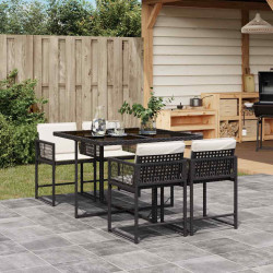 5 Pcs conjunto de jantar p/ jardim c/ almofadões vime PE preto