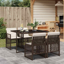 5 Pcs conjunto jantar p/ jardim c/ almofadões vime PE castanho