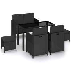 6 Pcs conjunto jantar exterior com almofadões vime PE preto