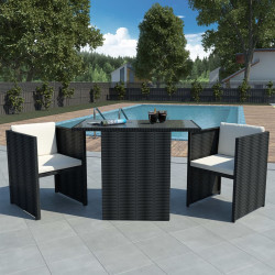 3 Pcs conjunto bistrô com almofadões vime PE preto
