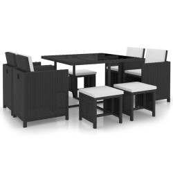 9 Pcs conjunto jantar exterior com almofadões vime PE preto
