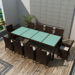 11 Pcs conjunto jantar exterior com almofadões vime PE castanho
