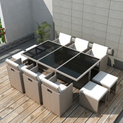 11 Pcs conjunto jantar exterior com almofadões vime PE bege