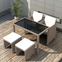 5 Pcs conjunto jantar exterior com almofadões vime PE bege