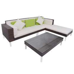 4 Pcs conjunto lounge jardim c/ almofadões vime PE castanho
