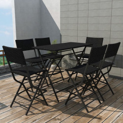 7 Pcs conjunto de jantar dobrável jardim aço e vime PE preto