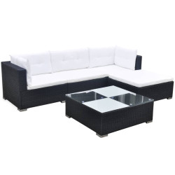 5 Pcs conjunto lounge de jardim c/ almofadões vime PE preto