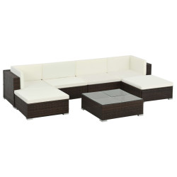 7 Pcs conjunto lounge jardim c/ almofadões vime PE castanho