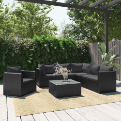 7 Pcs conjunto lounge de jardim c/ almofadões vime PE preto