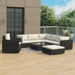8 Pcs conjunto lounge de jardim c/ almofadões vime PE preto