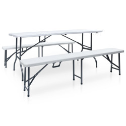 Mesa de jardim dobrável com 2 bancos 180 cm aço e pead branco
