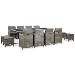 13 Pcs conjunto jantar exterior com almofadões vime PE cinzento