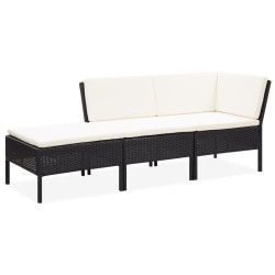 3 Pcs conjunto lounge de jardim c/ almofadões vime PE preto