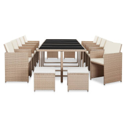 15 Pcs conjunto jantar exterior com almofadões vime PE bege