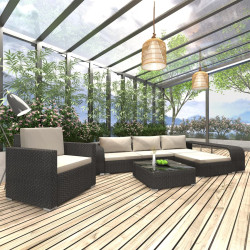 8 Pcs conjunto lounge de jardim c/ almofadões vime PE preto