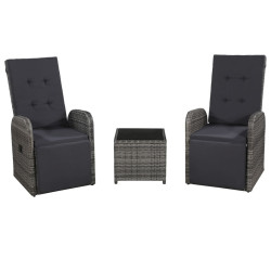 3 Pcs conjunto bistrô com almofadões vime PE cinzento