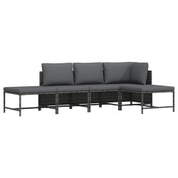 5 Pcs conjunto sofás de jardim c/ almofadões vime PE cinzento
