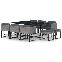 11 Pcs conjunto jantar exterior com almofadões vime PE cinzento