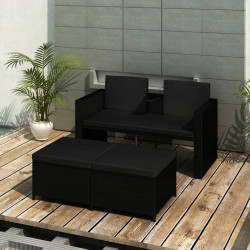 3 Pcs conjunto lounge para jardim c/ almofadões vime PE preto