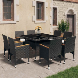 9 Pcs conj. jantar p/ jardim vime PE e madeira de acácia preto