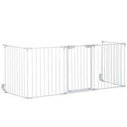 Barreira de segurança para animais de estimação barreira dobrável de 5 painéis com fechadura inteligente 300x74,5 cm branco