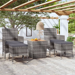 5 Pcs conjunto bistrô de jardim vime PE/acácia maciça cinzento