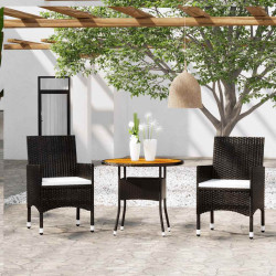3 Pcs conjunto de jantar para jardim vime PE preto