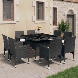 9 Pcs conjunto de jantar para jardim vime PE e vidro preto