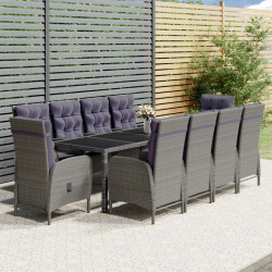 11 Pcs conjunto de jantar para jardim vime PE cinzento
