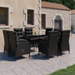 9 Pcs conjunto de jantar para jardim vime PE e vidro preto