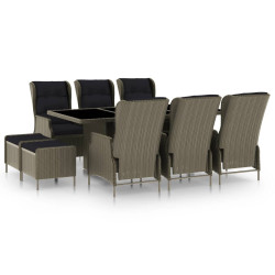 9 Pcs conjunto jantar exterior com almofadões vime PE castanho