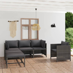 6 Pcs conjunto lounge de jardim c/ almofadões vime PE cinzento