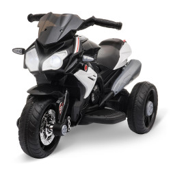 Motocicleta elétrica infantil com 3 rodas triciclo para crianças acima de 3 anos com bateria 6v recarregável funções de música buzina faróis 86x42x52cm preto e branco