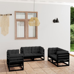6 Pcs conjunto lounge de jardim com almofadões pinho maciço