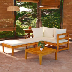 3 Pcs conj. lounge de jardim c/ almofadões branco nata acácia