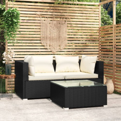 3 Pcs conjunto lounge de jardim c/ almofadões vime PE preto