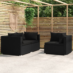 3 Pcs conjunto lounge de jardim c/ almofadões vime PE preto