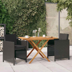 3 Pcs conjunto de jantar para jardim com almofadões preto