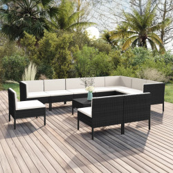 11 Pcs conjunto lounge de jardim c/ almofadões vime PE preto