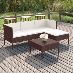 5 Pcs conjunto lounge jardim c/ almofadões vime PE castanho