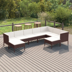 9 Pcs conjunto lounge jardim c/ almofadões vime PE castanho