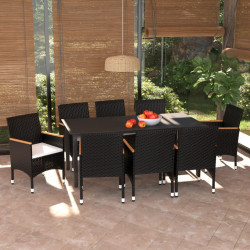 9 Pcs conjunto de jantar p/ jardim c/ almofadões vime PE preto