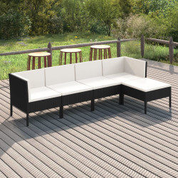 5 Pcs conjunto lounge de jardim c/ almofadões vime PE preto